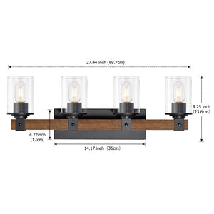 English Elm 4-light Industrial Farmhouse Vanity Bar Wood Backplate Matte Black Clear Glass Bath T3963P458336