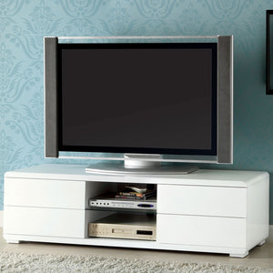 English Elm Contemporary Curved Shelving TV Console with Chrome Poles, High Gloss Lacquer Finish, Sleek Design White 62 L x 18 W x 19 H B2741P362562