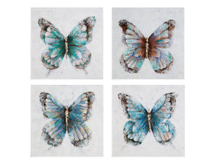 Basset Mirror Metallic Butterflies Framed Canvas Set Of 4 - Hand-painted Decor With Chic Shine And Blue Undertones Blue Acrylic Paint On Gallery Wrapped Canvas 7300-428