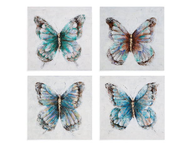 Basset Mirror Metallic Butterflies Framed Canvas Set Of 4 - Hand-painted Decor With Chic Shine And Blue Undertones Blue Acrylic Paint On Gallery Wrapped Canvas 7300-428