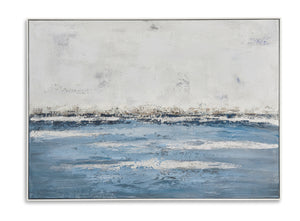 Basset Mirror Soft Waves Framed Canvas Art - Serene Acrylic Painting With Silver Accents In Elegant White Frame Blue Canvas,Wood Frame 7300-543