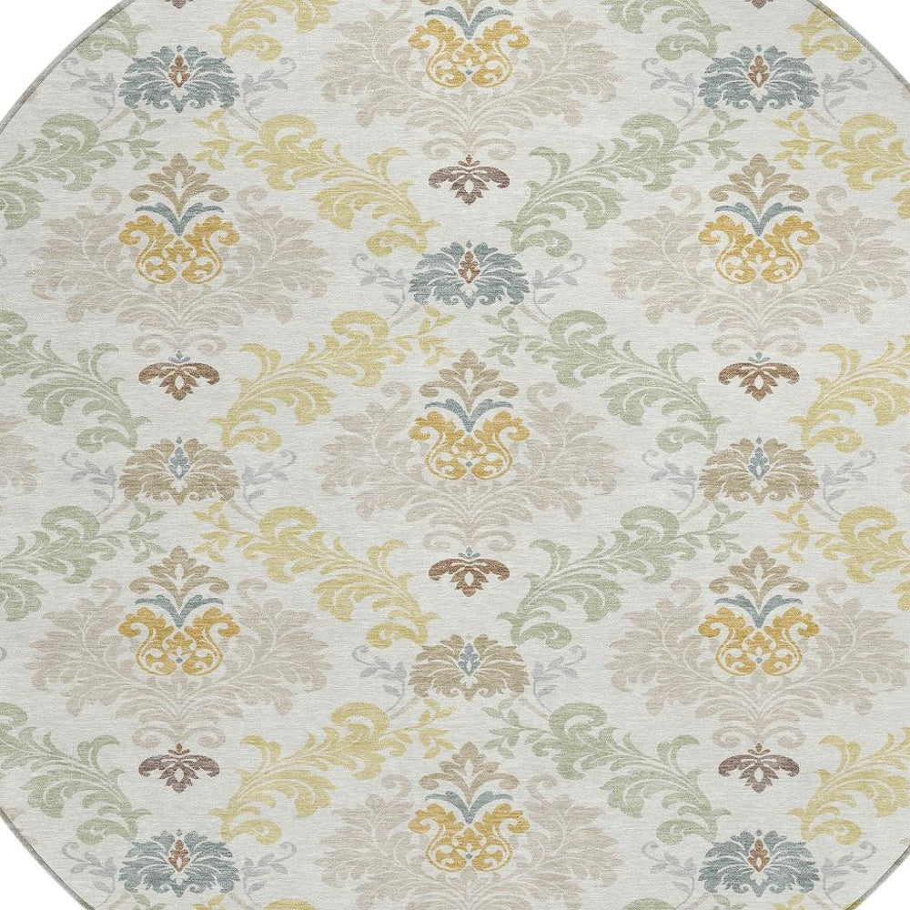 HomeRoots 8 Ft Round Damask Area Rug Washable Polyester Indoor Outdoor Patio Ivory Beige 730002