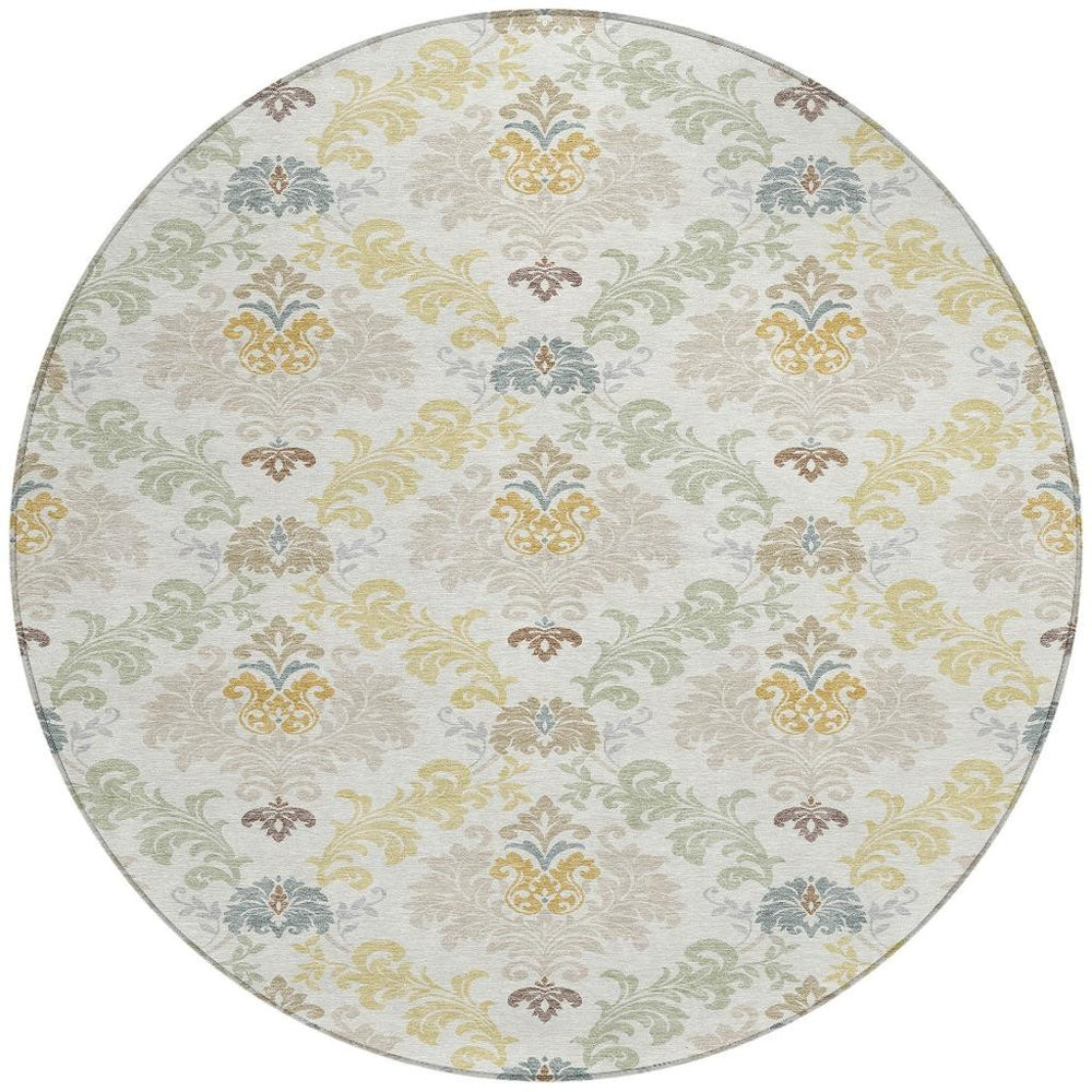 HomeRoots 8 Ft Round Damask Area Rug Washable Polyester Indoor Outdoor Patio Ivory Beige 730002