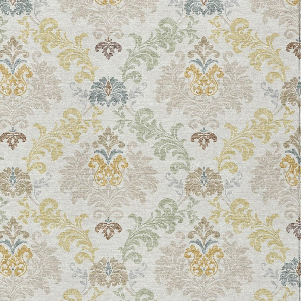 HomeRoots 10 X 14 Ivory Beige Damask Washable Polyester Indoor Outdoor Rug Felt Backing 730005