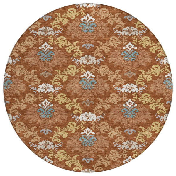 8 Ft Round Damask Polyester Area Rug Washable Indoor Outdoor Patio Entryway