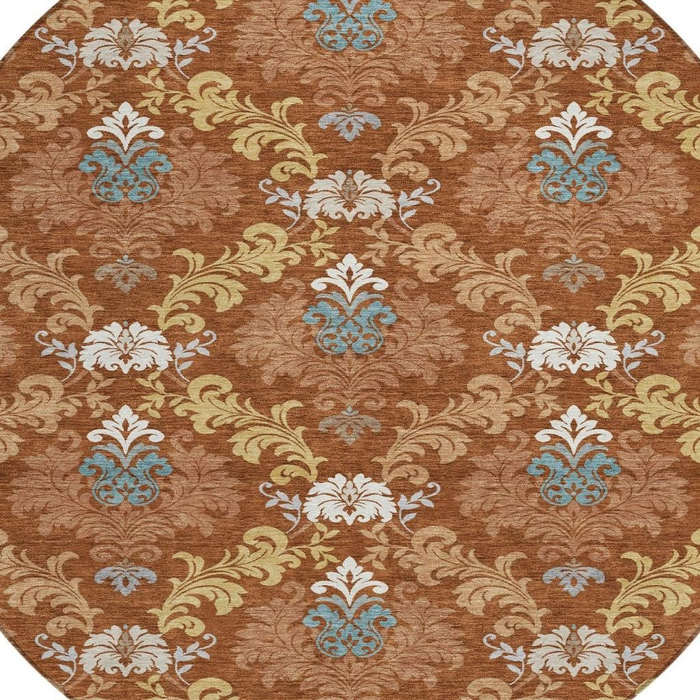 HomeRoots 8 Ft Round Damask Polyester Area Rug Washable Indoor Outdoor Patio Entryway 730008