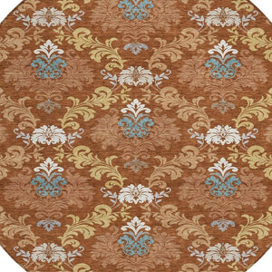 HomeRoots 8 Ft Round Damask Polyester Area Rug Washable Indoor Outdoor Patio Entryway 730008