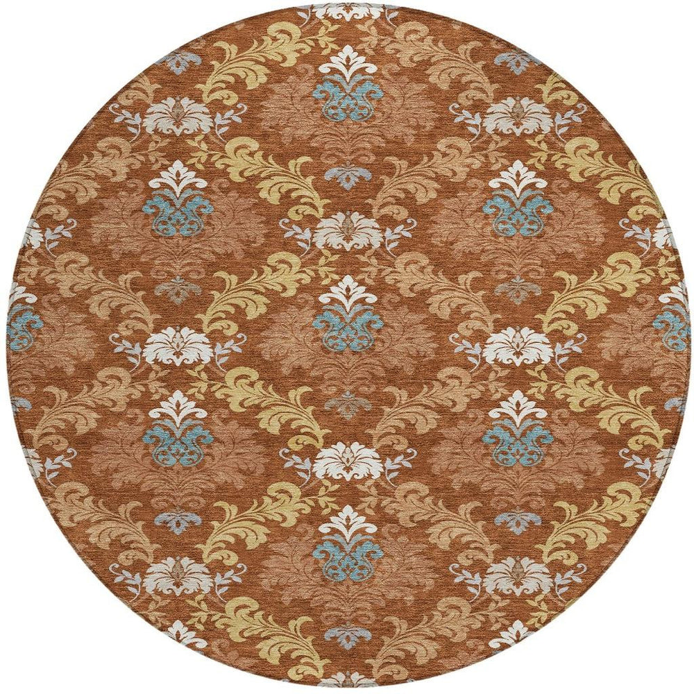 HomeRoots 8 Ft Round Damask Polyester Area Rug Washable Indoor Outdoor Patio Entryway 730008