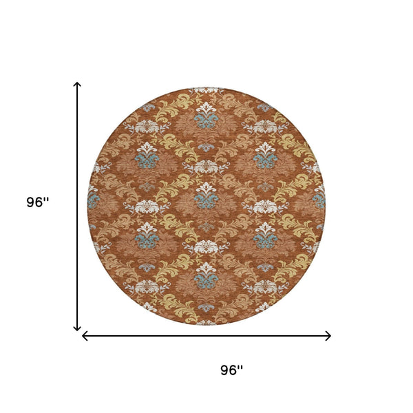 8 Ft Round Damask Polyester Area Rug Washable Indoor Outdoor Patio Entryway