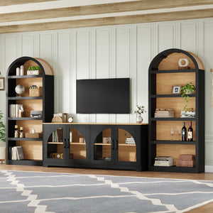 English Elm 3-piece Farmhouse Entertainment Center with Arched Glass Doors and Open Tower Shelving Black N721S000070B