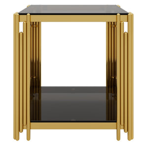 English Elm Modern Round Mirrored Glass End Table with Gold Metal Frame and Lower Display Shelf Black N735P380093B