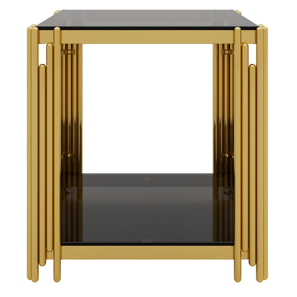 English Elm Modern Round Mirrored Glass End Table with Gold Metal Frame and Lower Display Shelf Black N735P380093B