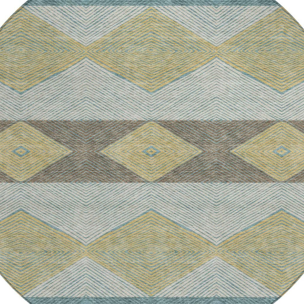 HomeRoots 8 Ft Round Washable Polyester Area Rug with Geometric Teal Gold Pattern for Patio or Foyer 730050