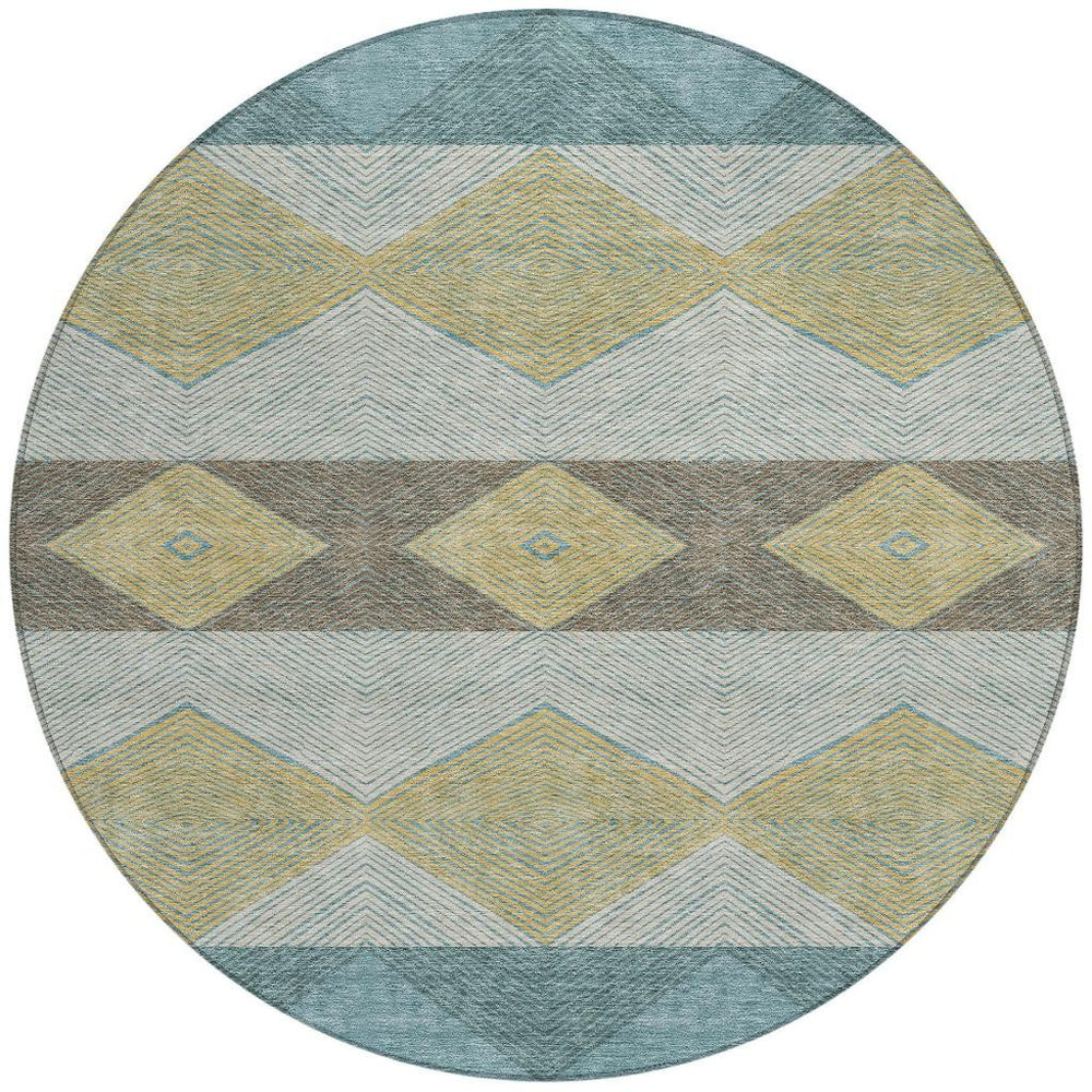 HomeRoots 8 Ft Round Washable Polyester Area Rug with Geometric Teal Gold Pattern for Patio or Foyer 730050