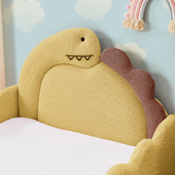 English Elm Twin Dinosaur Boucle Upholstered Kids Bed Solid Wood Frame with Padded Safety Rails Yellow W1413P384916
