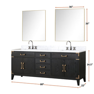 English Elm Black Oak Double Bath Vanity Set With Carrara Marble Top, Faucets & 36" Mirrors For Modern Spaces B2731S02190