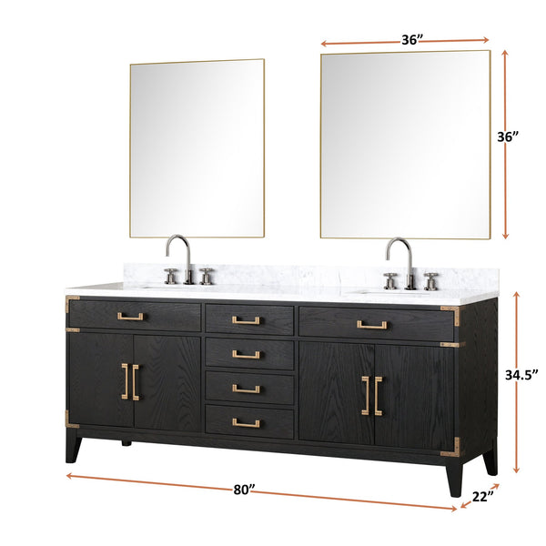 English Elm Black Oak Double Bath Vanity Set With Carrara Marble Top, Faucets & 36" Mirrors For Modern Spaces B2731S02190