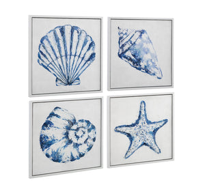 Basset Mirror Shells Framed Canvas Set Of 4 - Coastal Décor With White & Blue Hues For A Serene Beach Vibe White Canvas,Wood,Resin Frame 7301-060