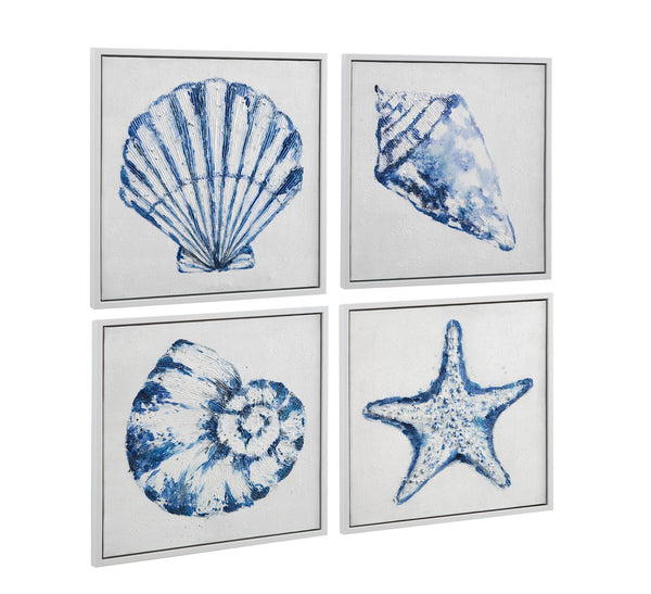 Basset Mirror Shells Framed Canvas Set Of 4 - Coastal Décor With White & Blue Hues For A Serene Beach Vibe White Canvas,Wood,Resin Frame 7301-060