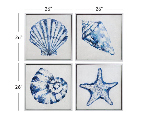 Basset Mirror Shells Framed Canvas Set Of 4 - Coastal Décor With White & Blue Hues For A Serene Beach Vibe White Canvas,Wood,Resin Frame 7301-060