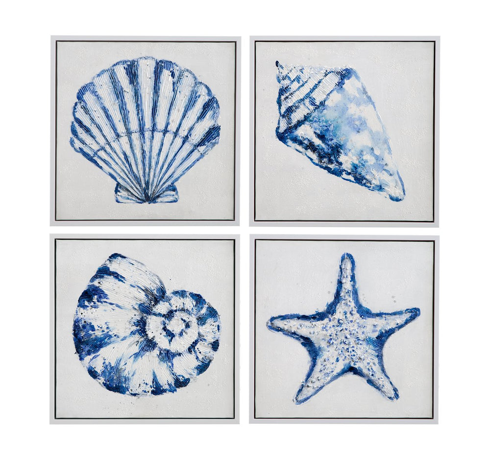 Basset Mirror Shells Framed Canvas Set Of 4 - Coastal Décor With White & Blue Hues For A Serene Beach Vibe White Canvas,Wood,Resin Frame 7301-060