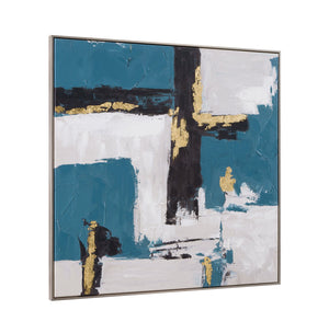 Basset Mirror Around About Framed Canvas: Contemporary Abstract Art With Teal, Black, And Gold For Modern Decor Silver Canvas,Wood,Resin Frame 7301-065