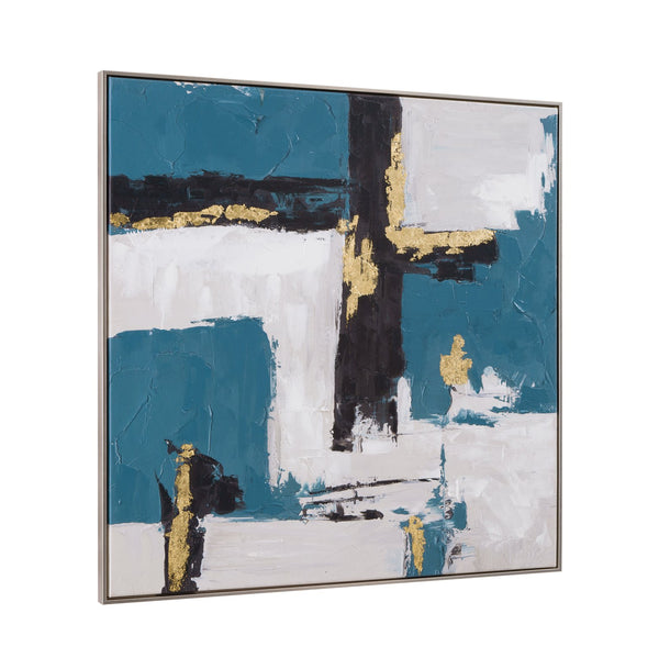 Basset Mirror Around About Framed Canvas: Contemporary Abstract Art With Teal, Black, And Gold For Modern Decor Silver Canvas,Wood,Resin Frame 7301-065