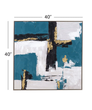 Basset Mirror Around About Framed Canvas: Contemporary Abstract Art With Teal, Black, And Gold For Modern Decor Silver Canvas,Wood,Resin Frame 7301-065