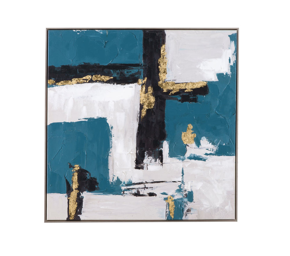 Basset Mirror Around About Framed Canvas: Contemporary Abstract Art With Teal, Black, And Gold For Modern Decor Silver Canvas,Wood,Resin Frame 7301-065