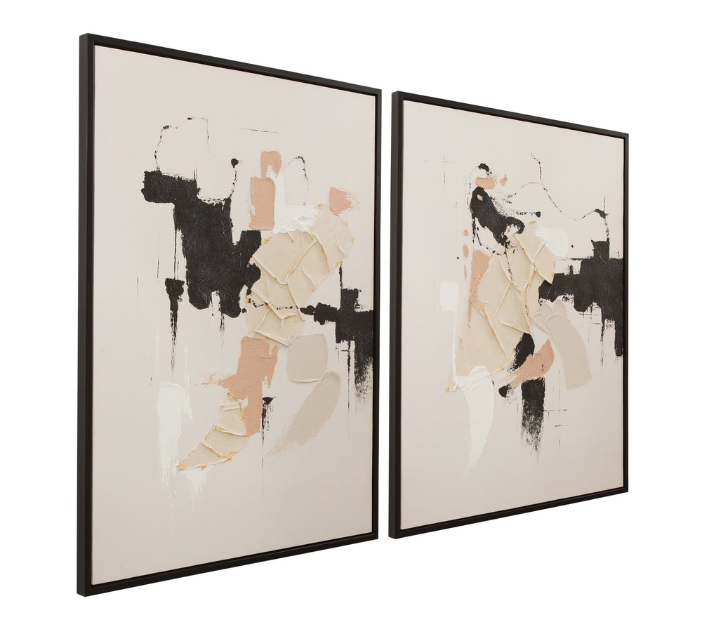 Basset Mirror Intuitive Framed Canvas Set Of 2 – Modern Minimalist Art In Black Frame With Cool Tan & Black Tones Black Resin 7301-086