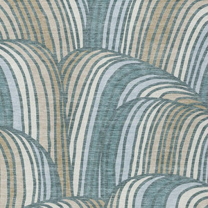 Abstract Teal Beige Washable Polyester Area Rug for Indoor Outdoor Patio and Coastal Decor