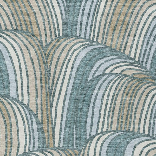 Abstract Teal Beige Washable Polyester Area Rug for Indoor Outdoor Patio and Coastal Decor