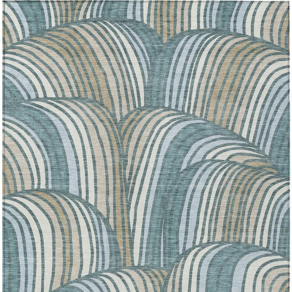 HomeRoots Abstract Teal Beige Washable Polyester Area Rug for Indoor Outdoor Patio and Coastal Decor 8' x 10' 730105