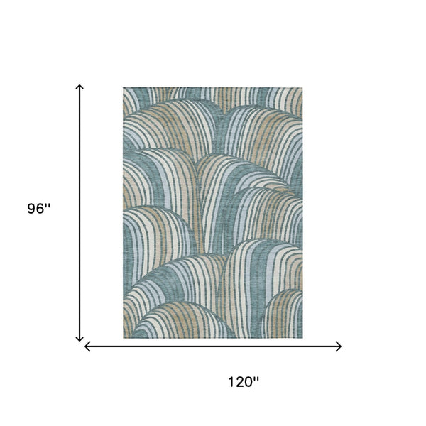 Abstract Teal Beige Washable Polyester Area Rug for Indoor Outdoor Patio and Coastal Decor