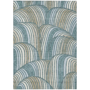 Abstract Teal Beige Washable Polyester Area Rug for Indoor Outdoor Patio and Coastal Decor