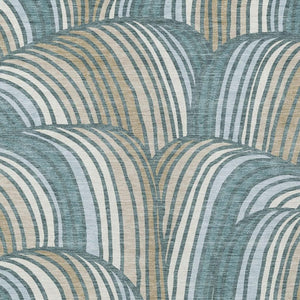 Abstract Teal Beige Washable Polyester Area Rug for Indoor Outdoor Patio and Coastal Decor