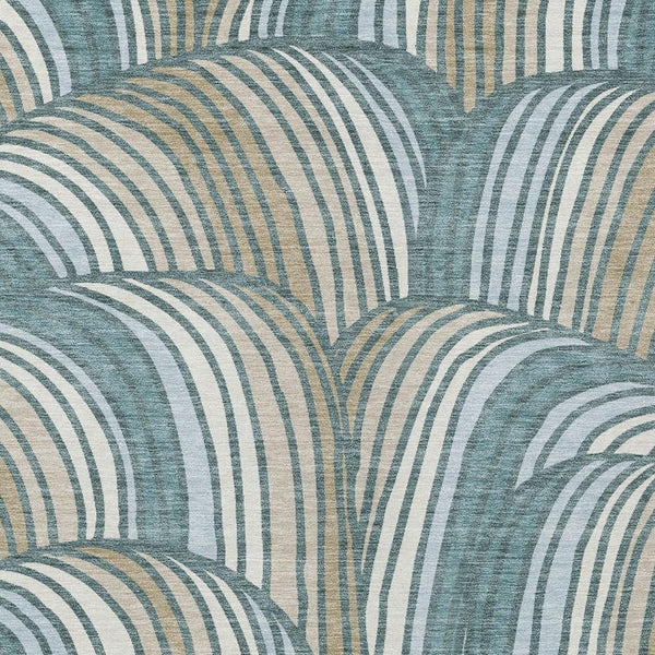 Abstract Teal Beige Washable Polyester Area Rug for Indoor Outdoor Patio and Coastal Decor
