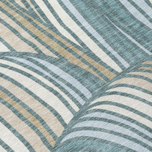 Abstract Teal Beige Washable Polyester Area Rug for Indoor Outdoor Patio and Coastal Decor