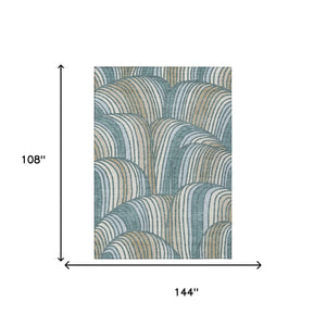 Abstract Teal Beige Washable Polyester Area Rug for Indoor Outdoor Patio and Coastal Decor