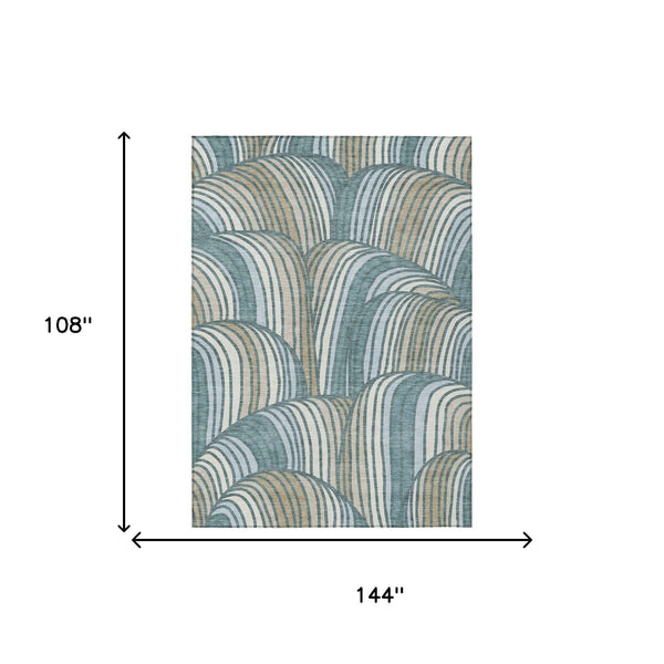 Abstract Teal Beige Washable Polyester Area Rug for Indoor Outdoor Patio and Coastal Decor