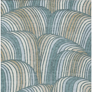 Abstract Teal Beige Washable Polyester Area Rug for Indoor Outdoor Patio and Coastal Decor