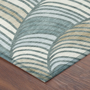Abstract Teal Beige Washable Polyester Area Rug for Indoor Outdoor Patio and Coastal Decor