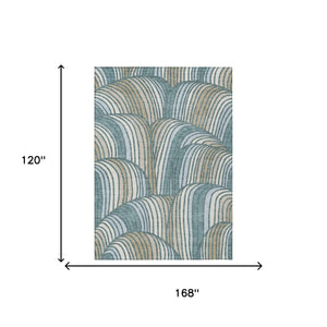 Abstract Teal Beige Washable Polyester Area Rug for Indoor Outdoor Patio and Coastal Decor