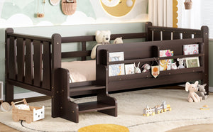 English Elm Twin Pine Floor Bed for Kids with Side Bookcases Built-in Stairs and Safety Guardrails Espresso W1580P390217