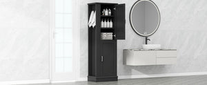 English Elm Tall Bathroom Storage Cabinet - Freestanding With Adjustable Shelves, Hooks & Modern Black Design N725P241834B-GIGA