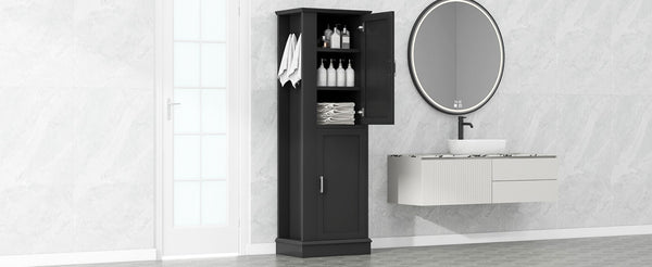 English Elm Tall Bathroom Storage Cabinet - Freestanding With Adjustable Shelves, Hooks & Modern Black Design N725P241834B-GIGA