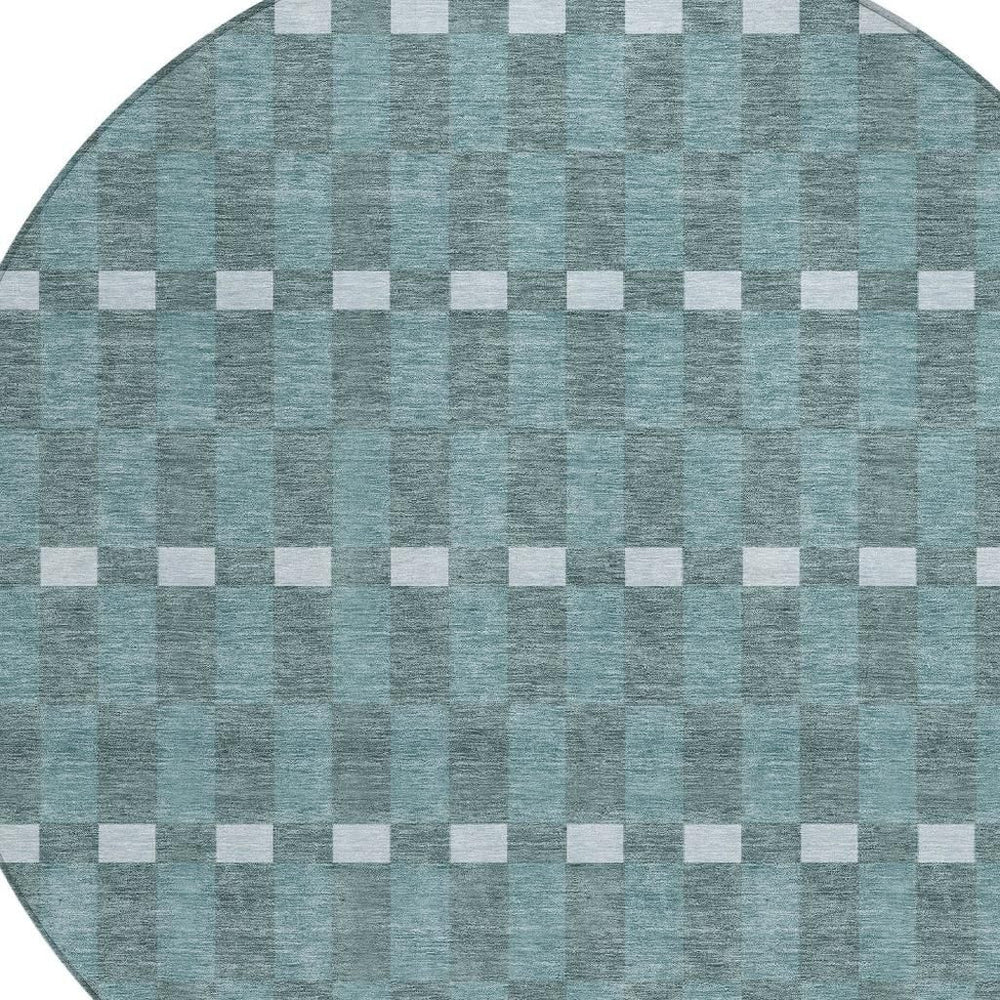 8 Ft Round Geometric Polyester Rug Washable Teal Blue Indoor Outdoor Patio