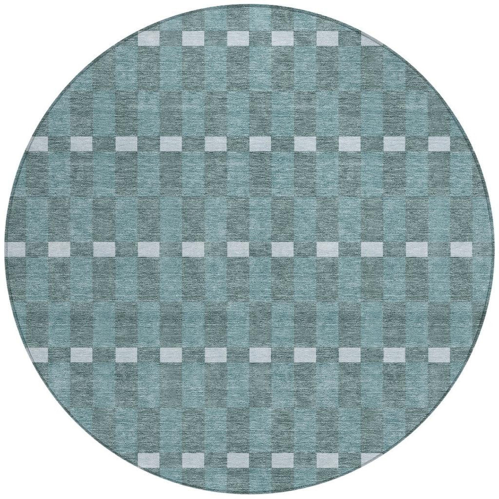 8 Ft Round Geometric Polyester Rug Washable Teal Blue Indoor Outdoor Patio