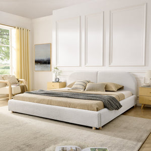 English Elm King Platform Bed Fully Upholstered in Plush Chenille with Low Profile Modern Frame Beige W487S00477