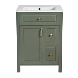 English Elm 24-Inch Bathroom Vanity with Ceramic Sink, Soft-Close Door & Drawers, Gold Handles, Durable Wood Elegance Green N729P192078F